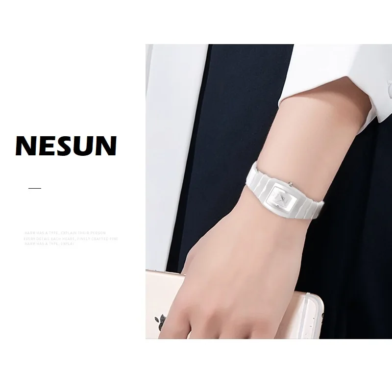 NESUN For Women Japan Miyota Quartz Casual Wristwatch Ceramic Case Band Rectangle Rhinston For Gilrs Female New Gift Clock Clock