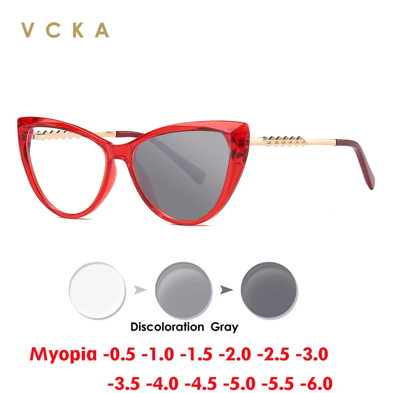 VCKA Fashion Anti Blue Light Cat Eye Women Myopia Glasses Frames TR90 Custom Prescription Optical Vintage Eyewear -0.50 TO -10