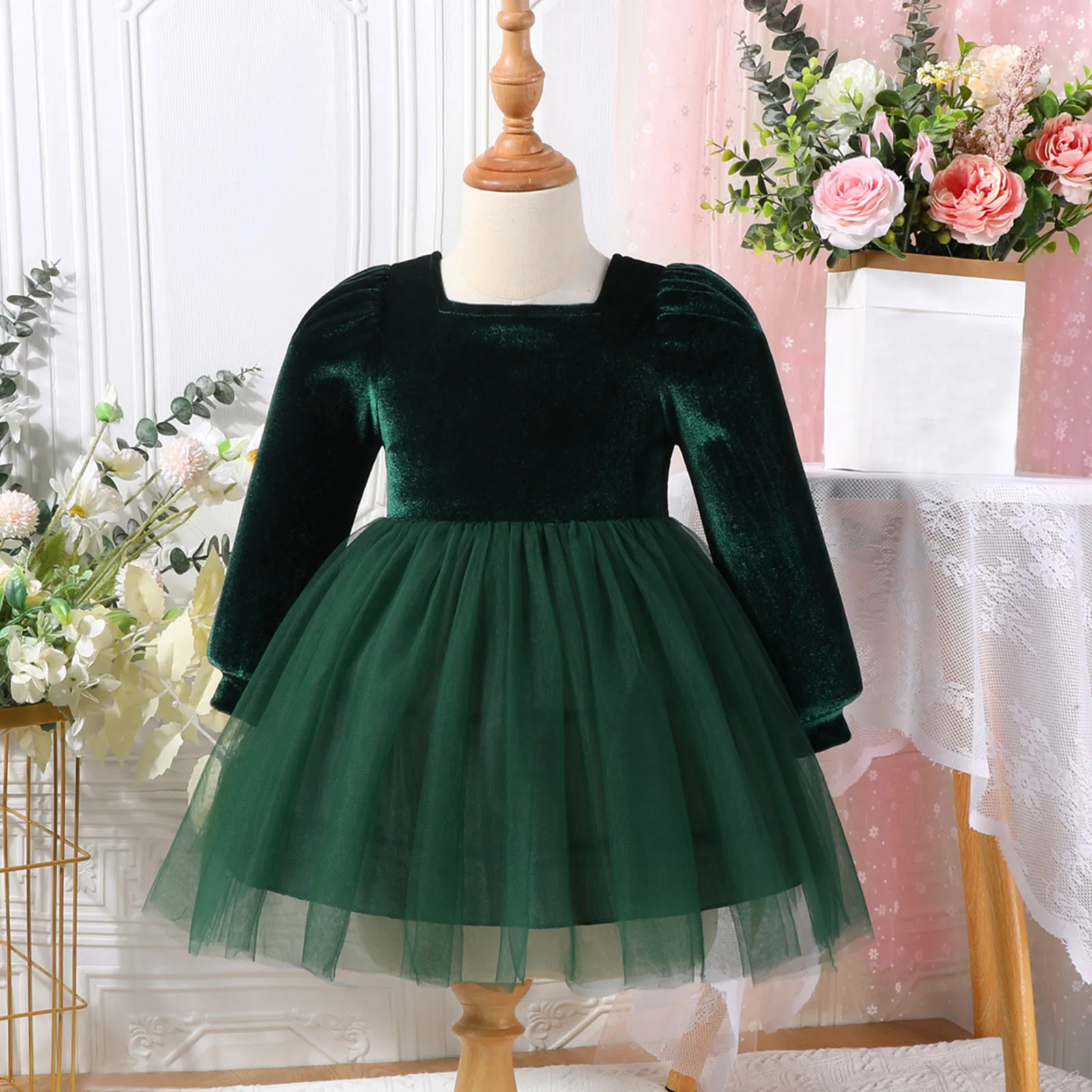 Christmas Lace Princess Dress For Girls Long Sleeve Winter Autumn Velvet Dress Party Performance Costumes Children New Year Gown