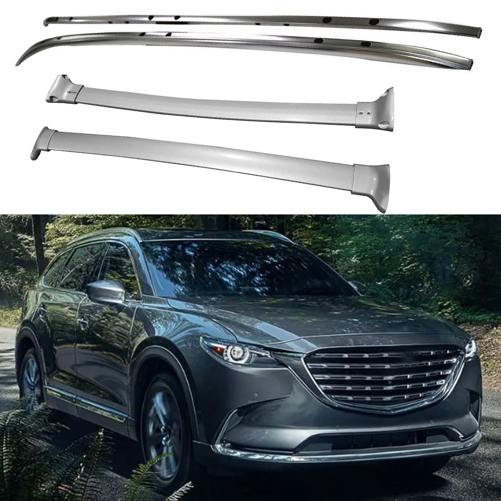 2PCS Roof Rails +2PCS Cross Bars Fit For Mazda CX-9 CX9 2016-2024 Luggage Aluminum Cross Bar Roof Cargo Ski