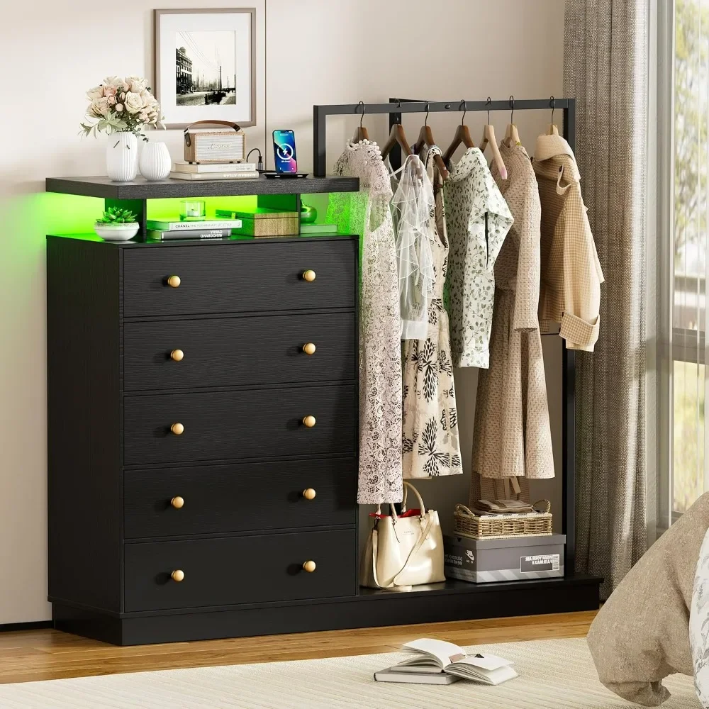 Dresser with Hanging Rack, 5 Drawer Clothes Dresser with Charging Station and LED Lights, Storage Led Dresser with Top Floating