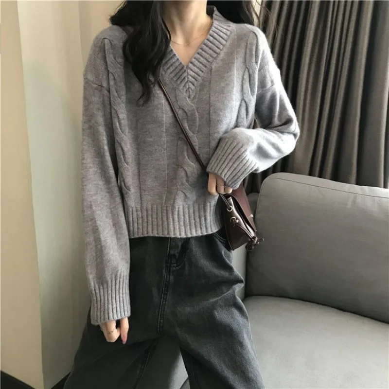 Fashion Women Sweaters 2024 Y2k Knit Top Autumn Winter Pullovers V-neck Knitwears Long Sleeve Clothes Solid Ladies Sweater New