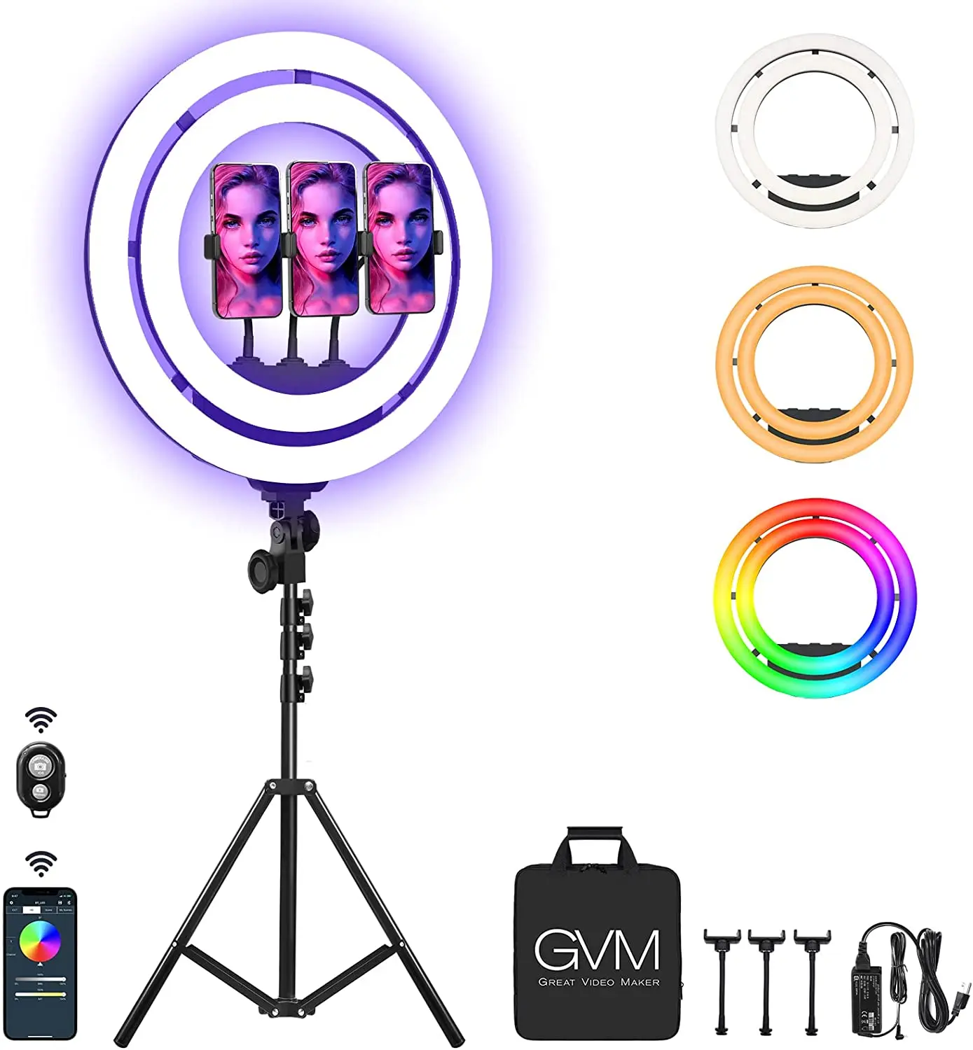 

GVM 18" 50W Double-Layer LED RGB Selfie Ring Light with 65" Adjustable Tripod Stand & Phone Holder Remote App Program Control