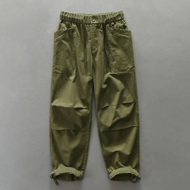 

Vintage 100% Cotton Cargo Trousers for Men Clothing Loose Big Pockets Solid Color Streetwear Men