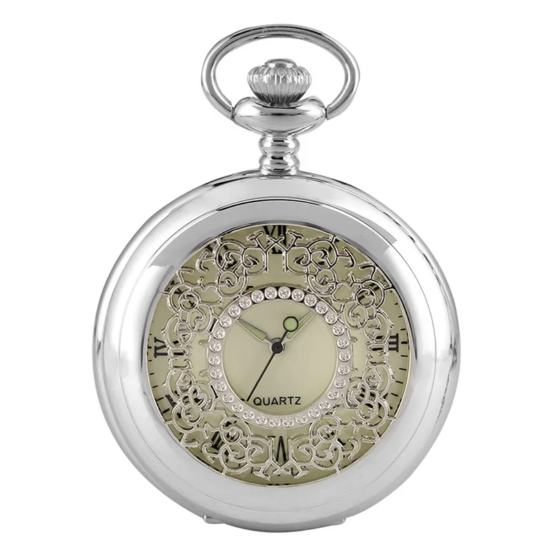 Silver Hollow Out Flower Case Men Women Quartz Pocket Watch Half Hunter Clock Roman Number Dial with Necklace Pendant Chain