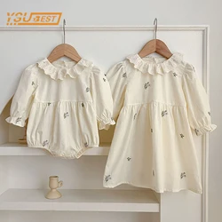 Infant Baby Girls Long Sleeve Sisters Lace Collar Dress Rompers Kids Baby Girls Embroider Princess Clothes Rompers