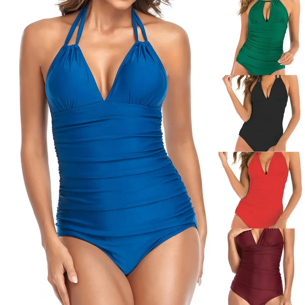 One Piece Women Swimsuit Solid Color V-Neck Hanging Neck Bathing Suit Slim Fit Padded Bandage Pleated Swimwear For Beach