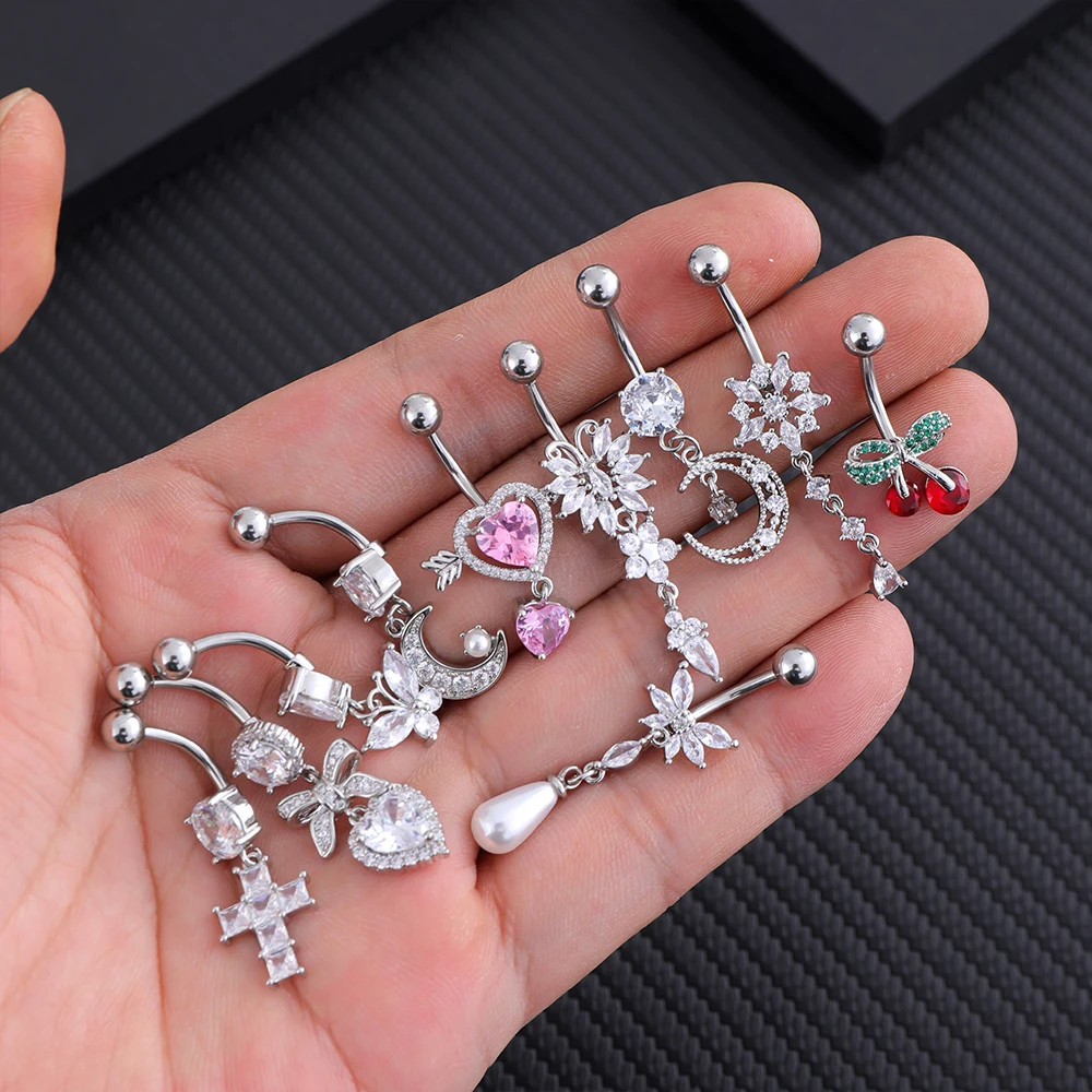 Mixed-Style Butterfly Dangle Belly Button Rings for Women Fashion Heart Cross Crystals CZs Stainless Steel Navel Belly Piercing