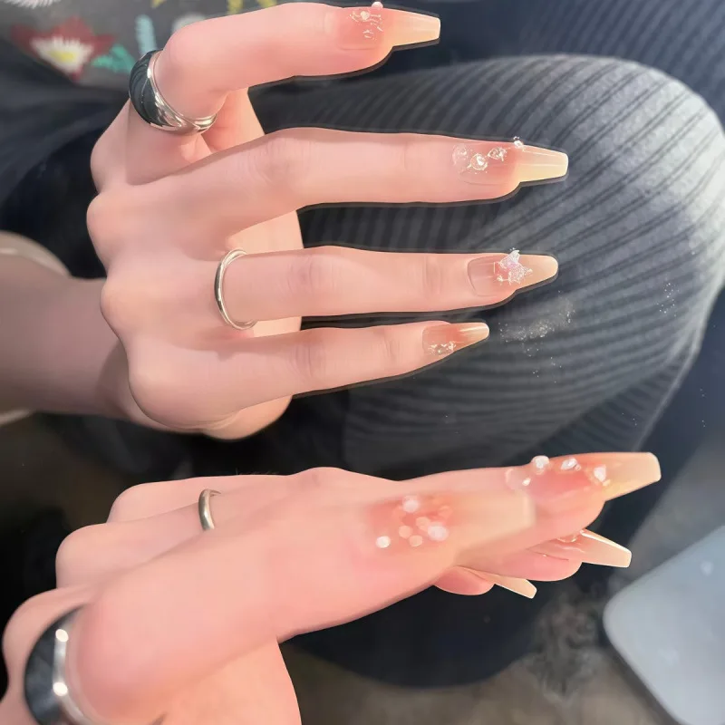 New Pure Desire Cheek Blush Wearable Nail Art Ice Transparent Nude Pink Pearl Butterfly Whitening Long Gradient Triangle Nail St