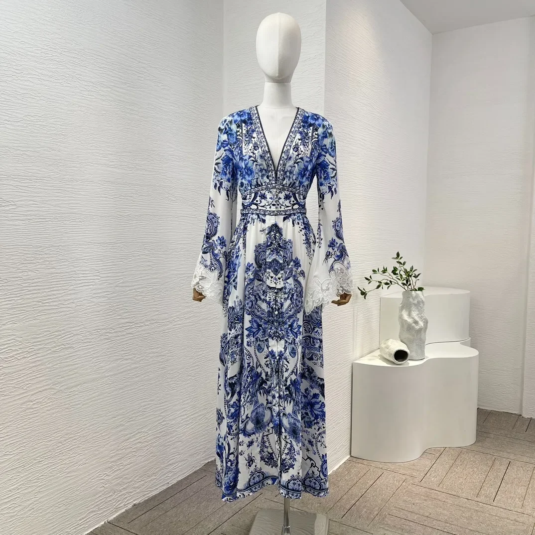 

White Blue Silk Porcelain Print Flare Long Sleeve Diamonds Pressed V-Neck Women Vintage 2024 Fashion Collection Midi Dress