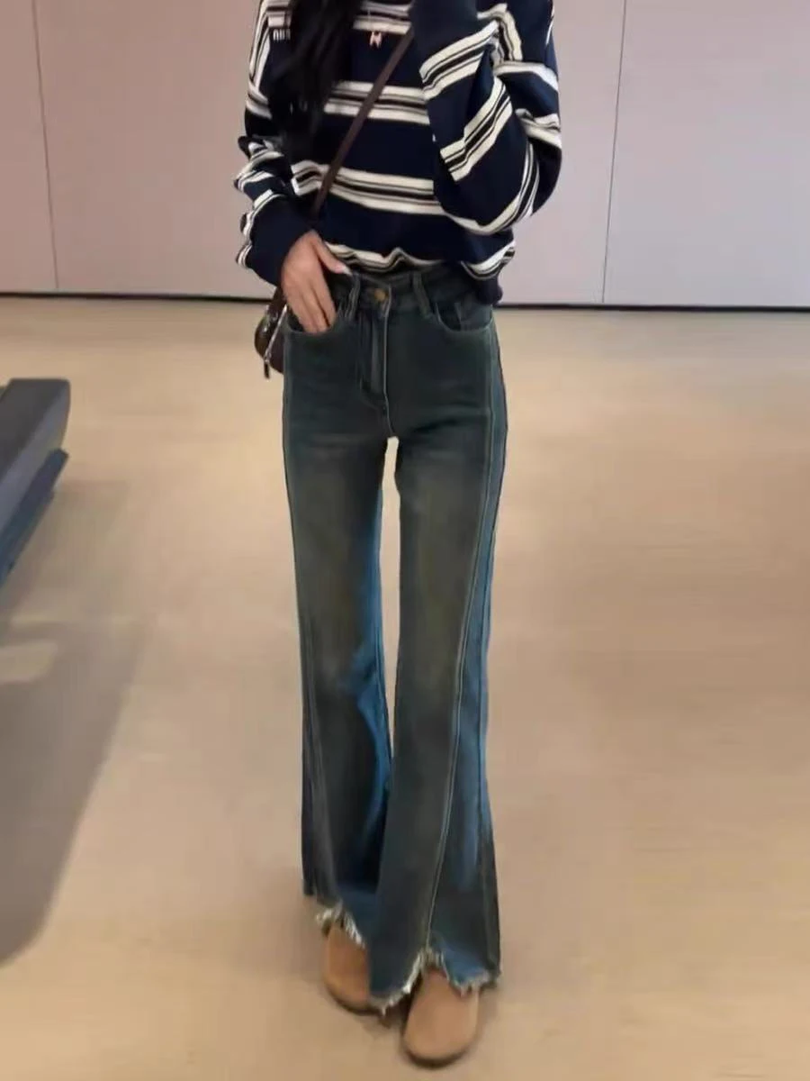 กางเกงยีนส์ทรงขากระบอกเล็กแบบผ่าข้างสไตล์เกาหลีสำหรับผู้หญิง ฤดูใบไม้ผลิ ฤดูใบไม้ร่วง เอวยางยืดสูง ทรงตรง สไตล์เรโทร ทรงเข้ารูป