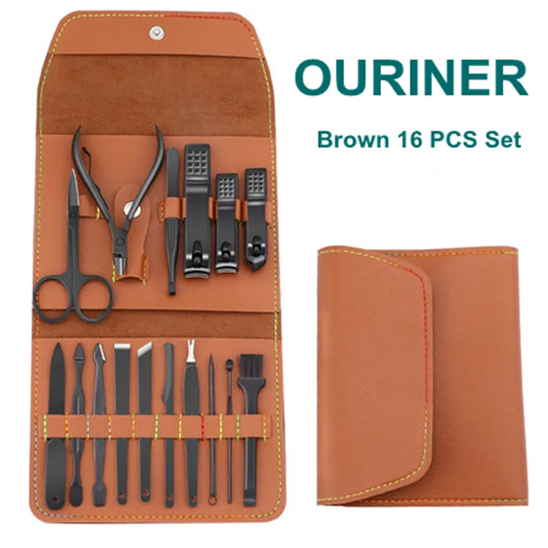 16 قطعة مجموعة أدوات قص الأظافر البني الفولاذ المقاوم للصدأ مسمار كليبرز مع حقيبة قابلة للطي مانيكير القاطع أطقم مقص ماكياج الجمال أداة