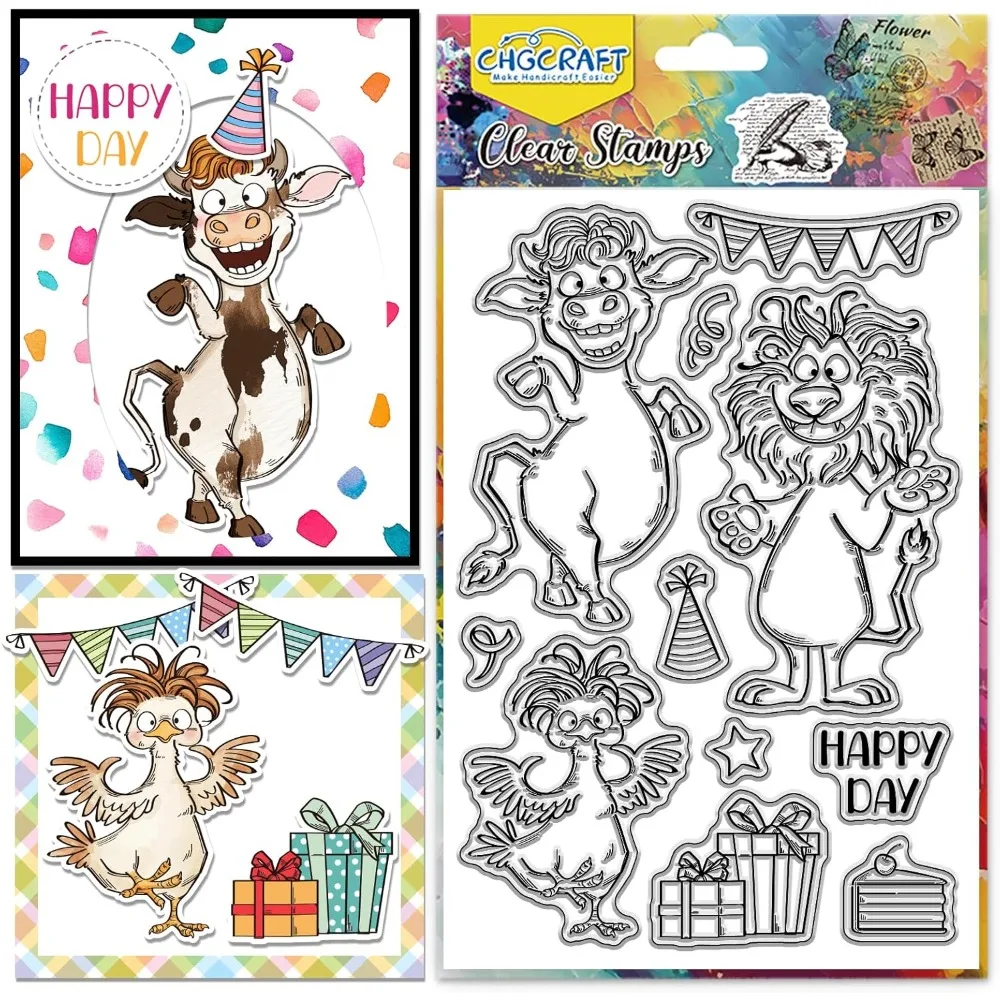 Klare Stempel „Happy Animal“, Kuh, Huhn, Löwe, transparente Stempel, Tierparty, transparente Silikonstempel, Siegel für die Kartenherstellung, Heimwerken