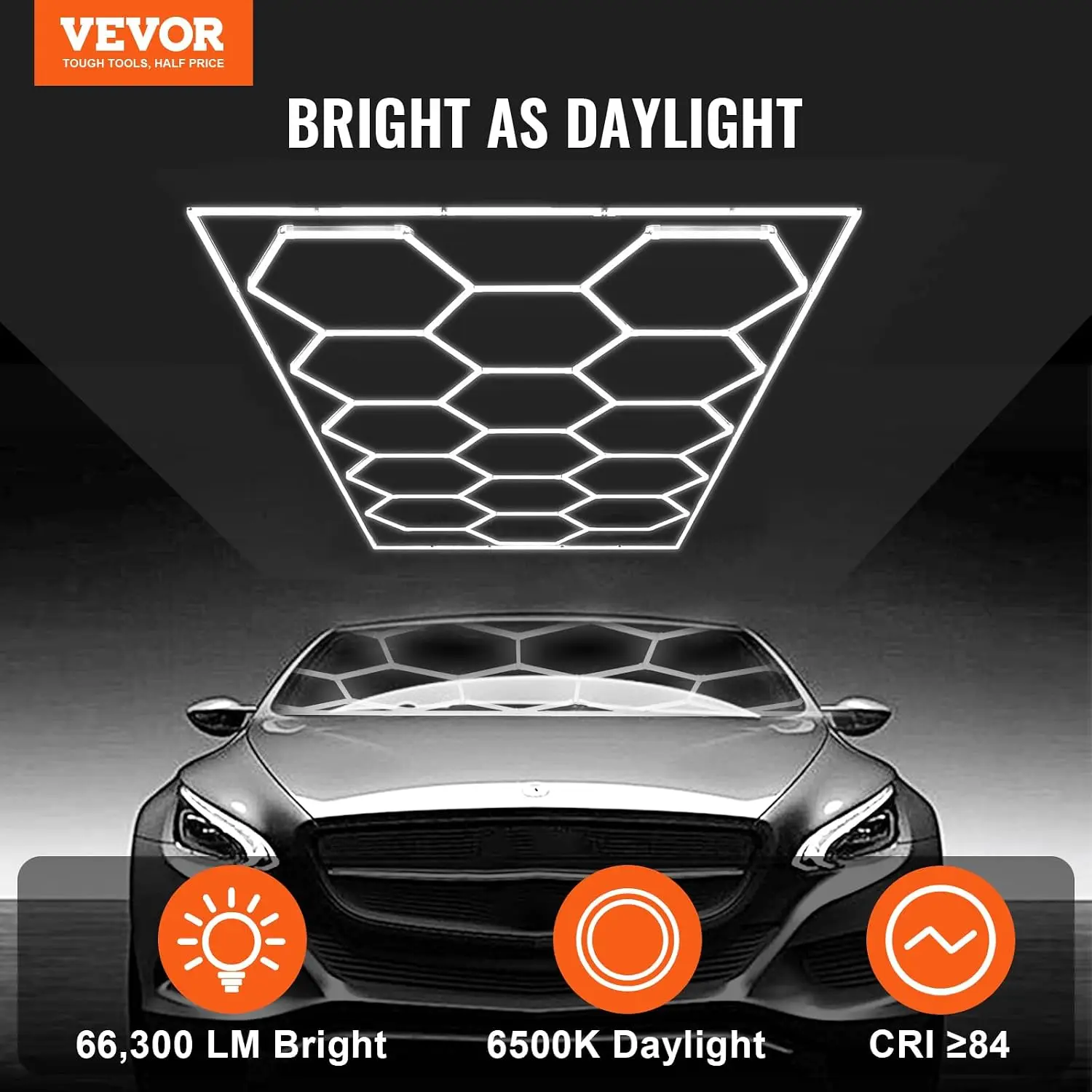 Hexagon Garage Lights, 66300LM, 6500K 15 Grid Systems Honeycomb Hexagonal Garage LED Lights, DIY Cool White Car Detailing Ceilin