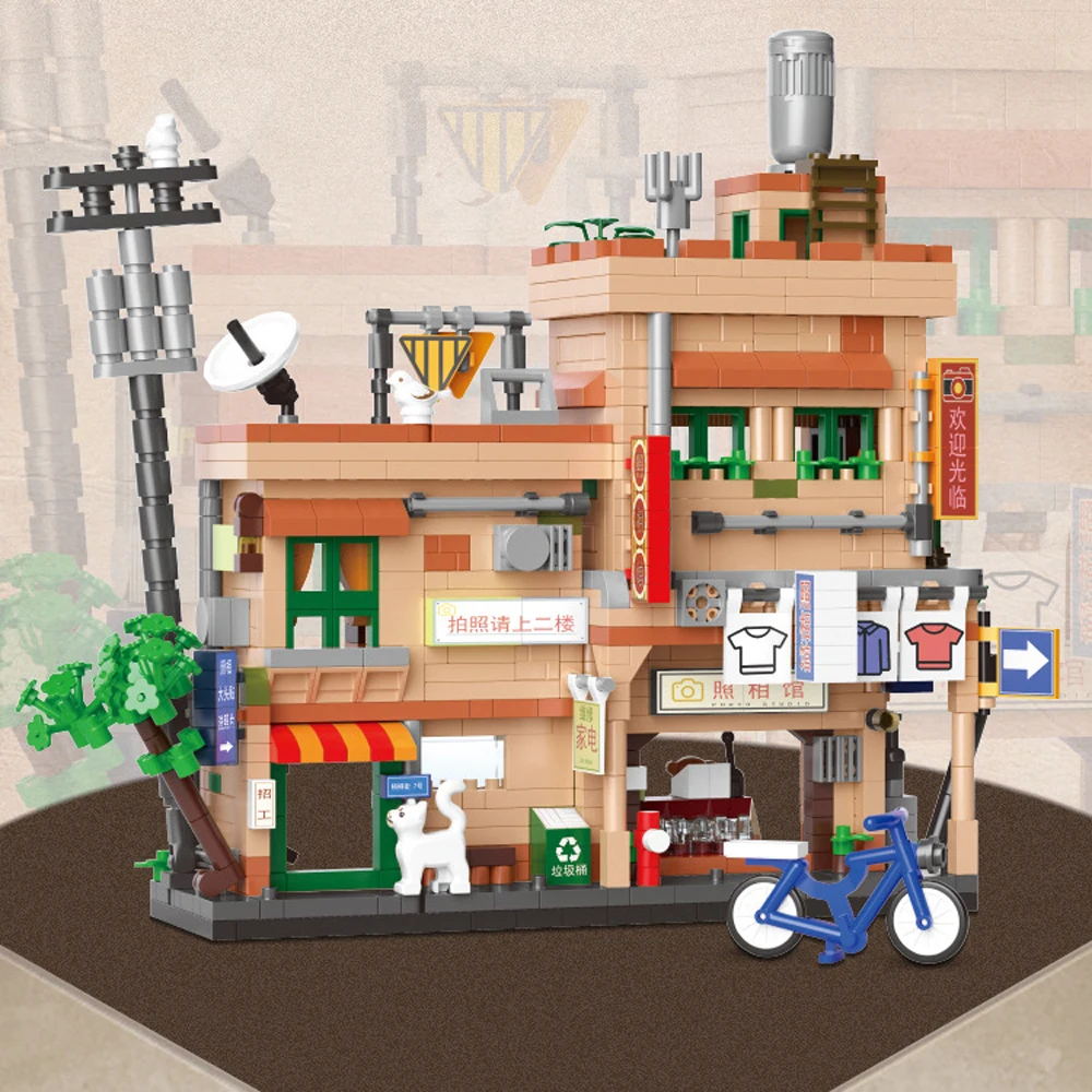 China City Street View Creative Mini Block Hair Salon Video Store Game Shop Photo Studio Construction Building Bricks Toys
