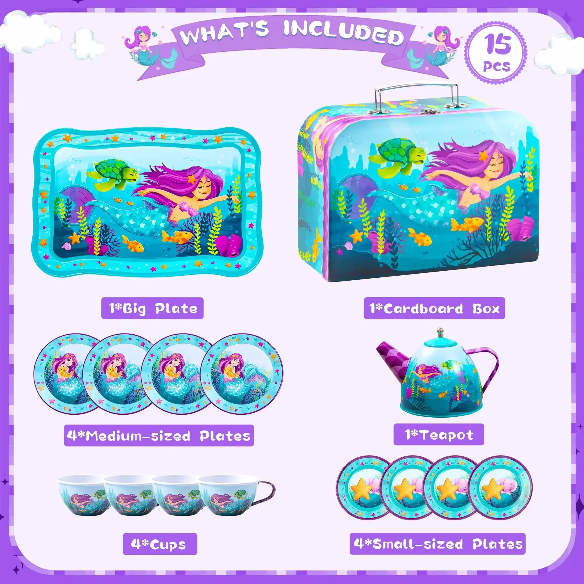 Joyfy Kinder-Teeset, Meerjungfrau-Teeparty-Set, Prinzessin, Rollenspiel, Blech-Teekannen-Set, Küchenspielzeug für Mädchen, Kleinkinder, 2, 3, 4, 5 und 6 Jahre alt
