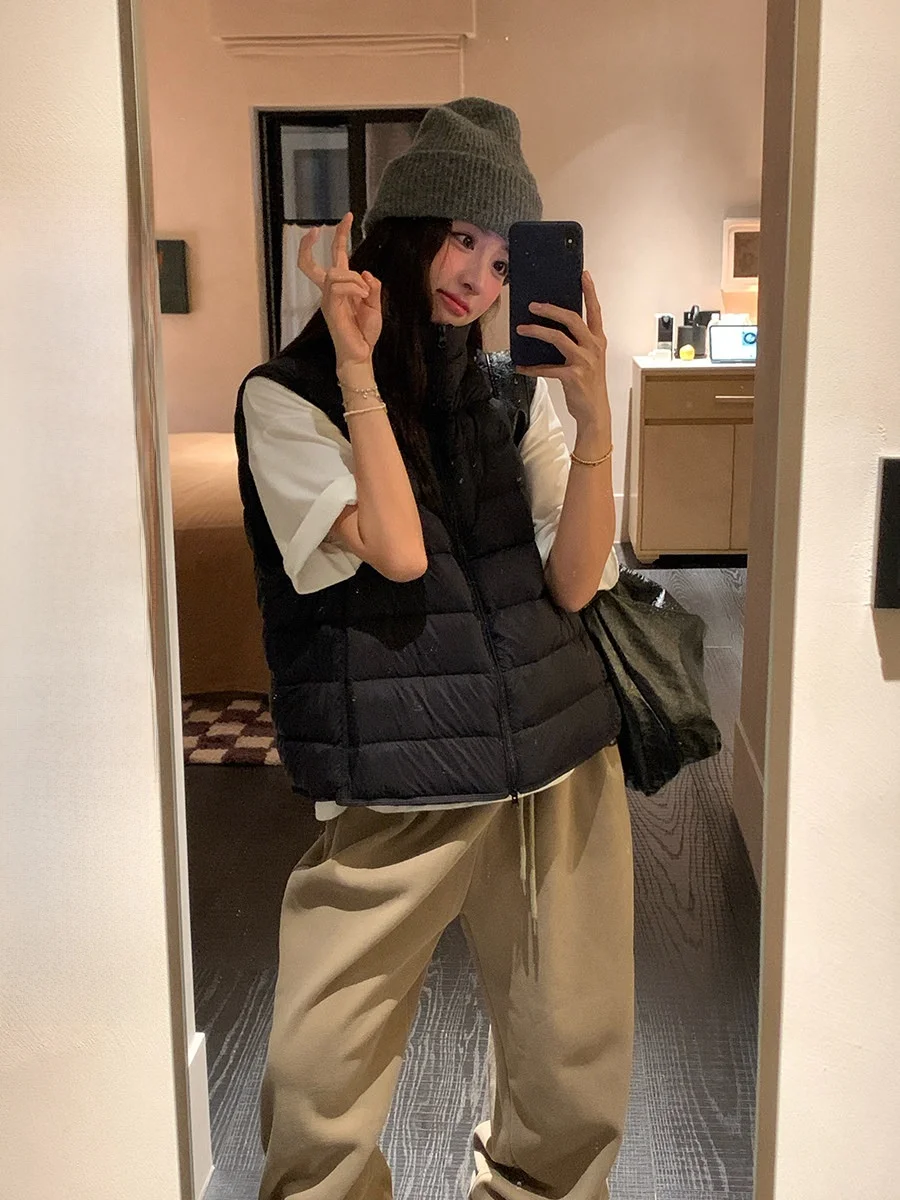 

Теплый однотонный пуховый жилет с воротником-стойкой для женщин: модная многослойная верхняя одежда для прогулок, путешествий и повседневного использования дома