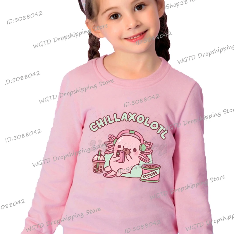 Axolotl Trend Children's Clothing Casual Cute Axolotl Loves Strawberry Milk Print Pullover Boys Girls Spring Cartoon Sweatshirts