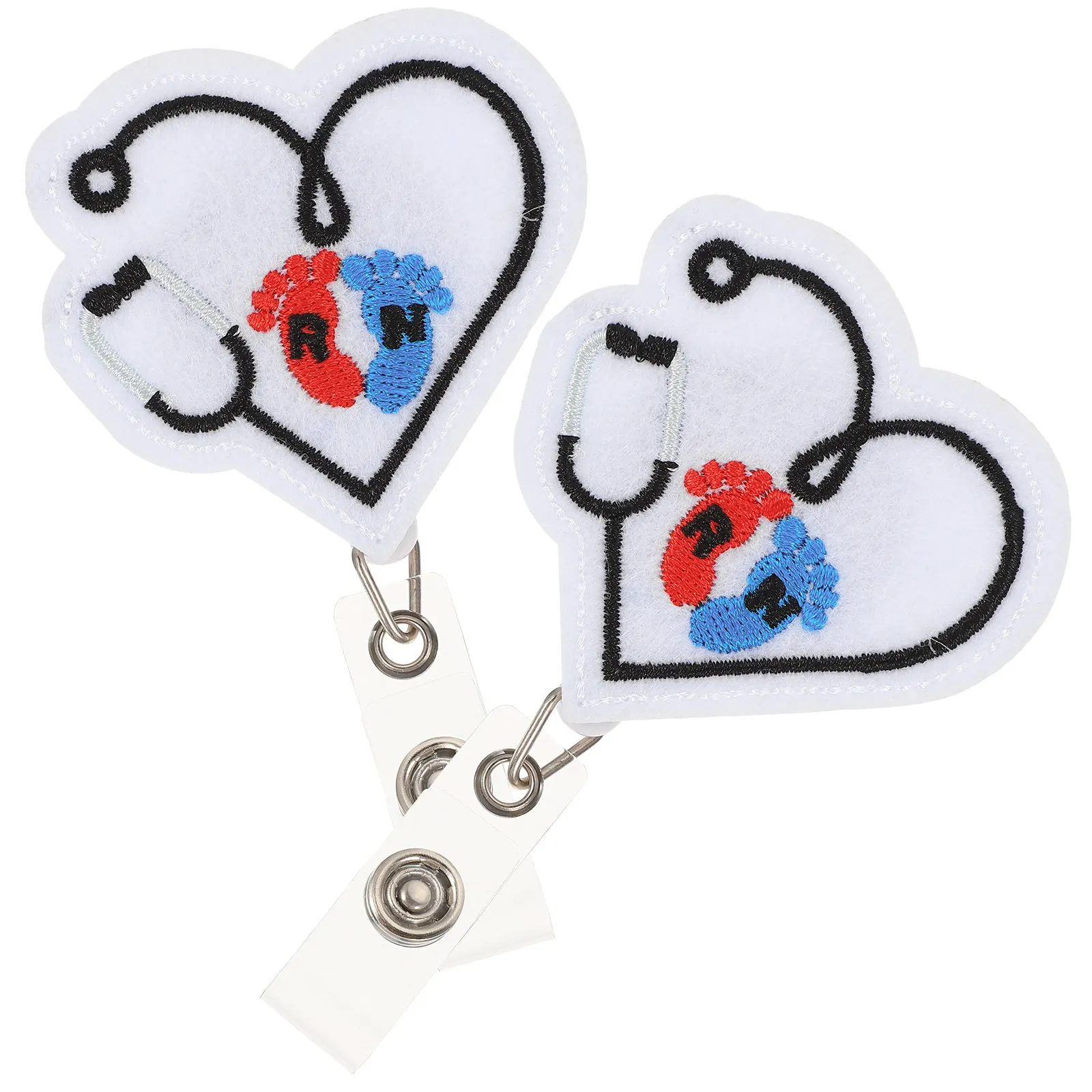 2Pcs Rotatable Heart-Shaped Badge Holder Felt Material 360-Degree Crocodile Clip Retractable Nylon Thread for Nurses Teachers Id