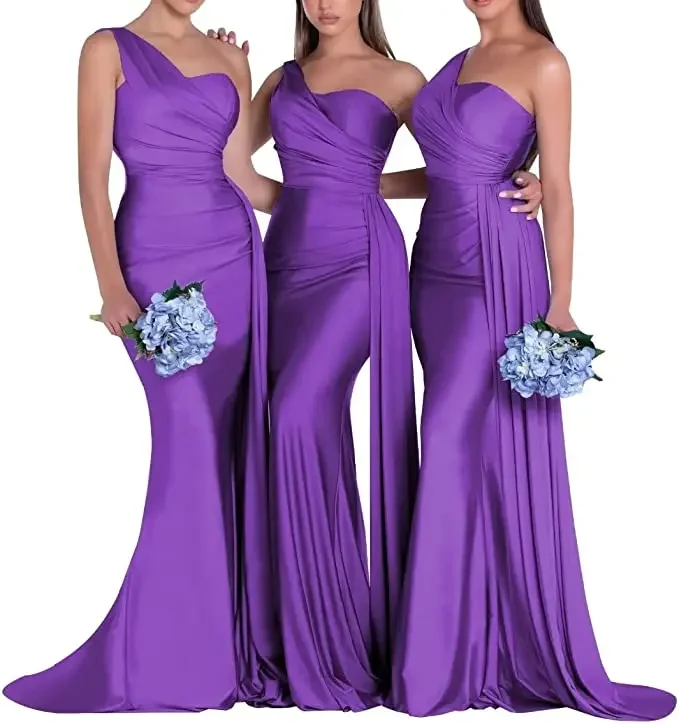 

Purple Satin Mermaid Bridesmaid Dress Sexy Off Shoulder Palace Train Wedding Guest Party Dress Women's Formal Vesidos De Noche