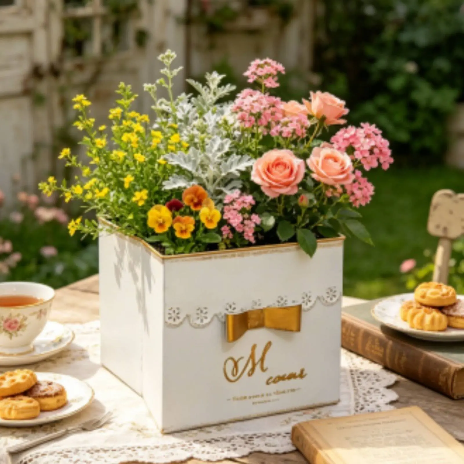 Lace Border Planter Metal French Design Flower Pot Square Flower Pot Lightweight Iron Planter Box Sturdy for Balcony, Courtyard