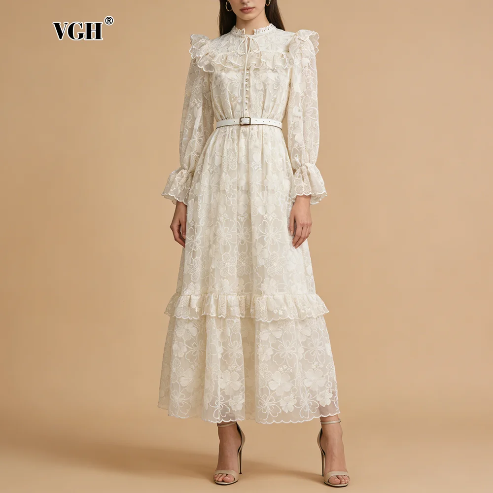 VGH Vintage Afternoon Tea Spitzenbestickte Maxikleider für Damen mit hohem Kragen, Gürtel an der Taille und Rüschenbesatz für Büro und Pendeln