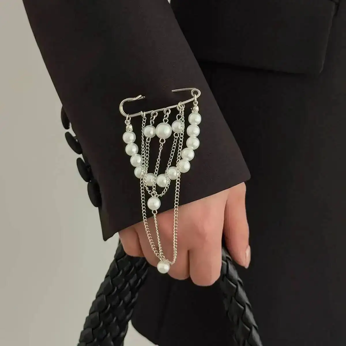 KunJoe Elegant Imitation Pearl Brooches Women New Exquisite Multilayer Tassel Chain Brooch Versatile Clothing Suit Pin Accessory