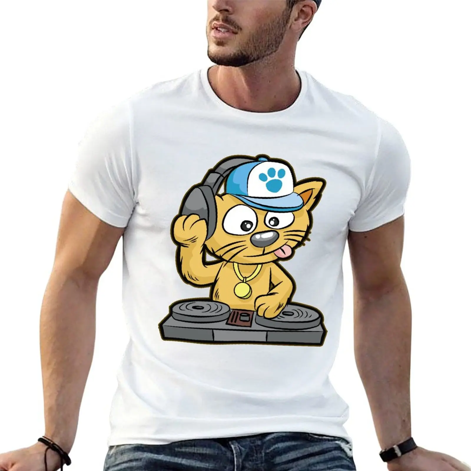 

DJ CAT Cat Turntable Music MC Comic T-shirt oversized animal prinfor boys oversizeds men graphic t shirts