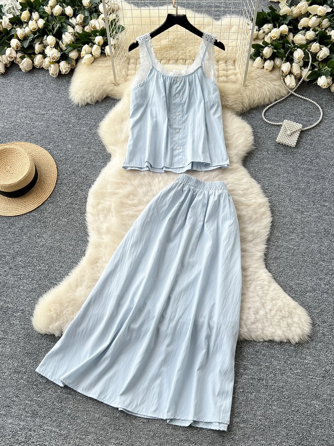 

Summer Casual Lace Splice High Waist Skirt Set Women's Gentle Sweet Sle Bunting Top And Skirt Ensemble
