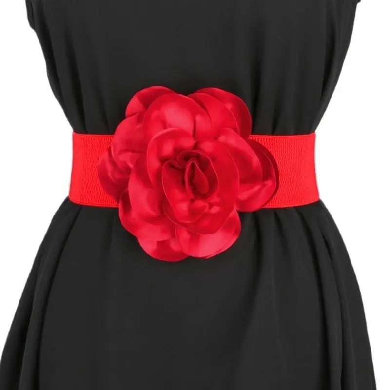 652F Flower Elastic Belt Flower Decorative Belt Wide Dress Waistband Stretchy Belt Flower Waist Belt For Dress Wide Belt