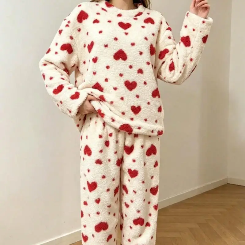 2Pcs Women New Sleepwear Pajamas Set Flannel Long Sleeve Thick Tops Print Heart Warm Home Clothes Daily Casual Shower Nightie
