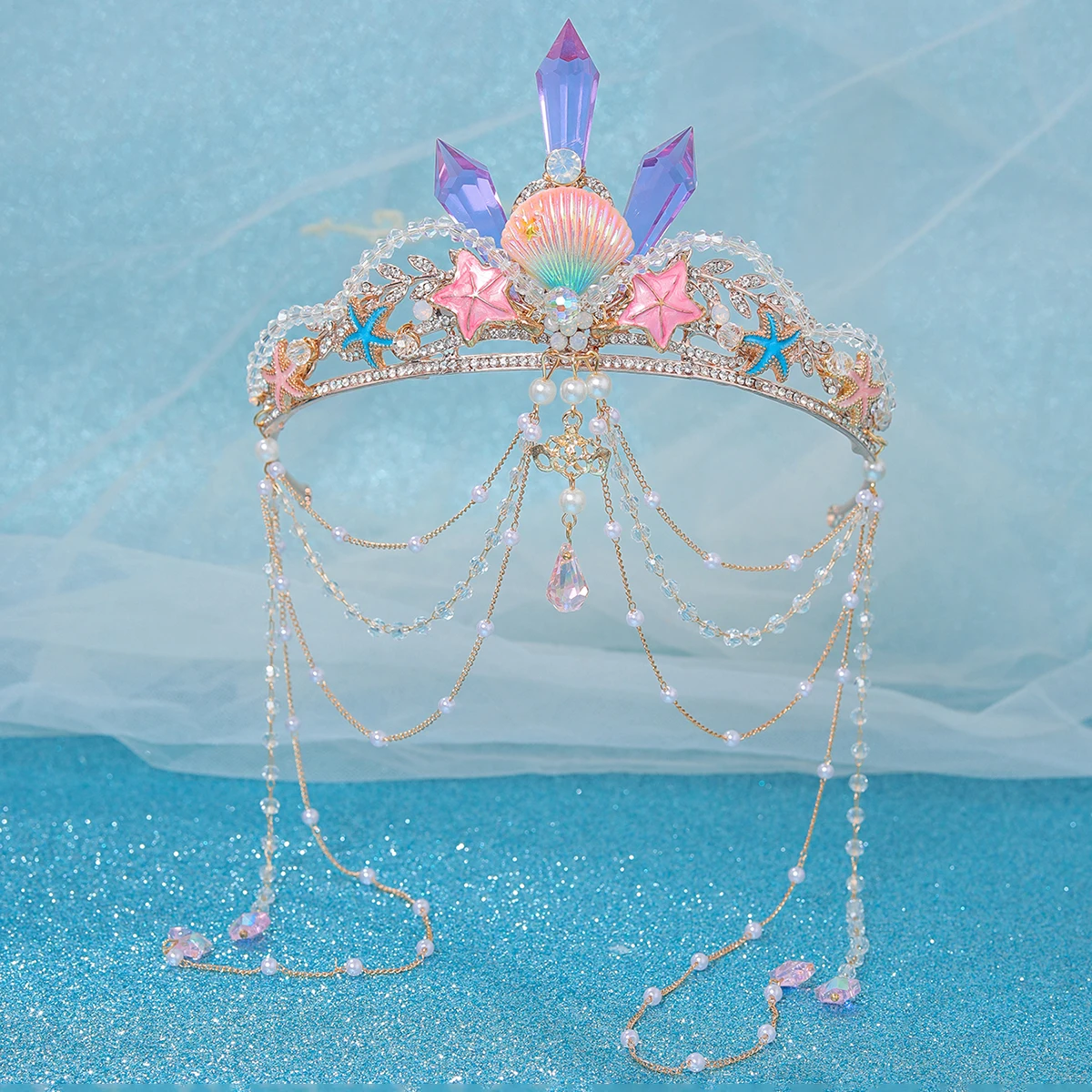Fashion Crystal Rhinestone Tiaras And Crowns For Women Bride Tassel Diadems Wedding Hair Accessories Princess Sea Party