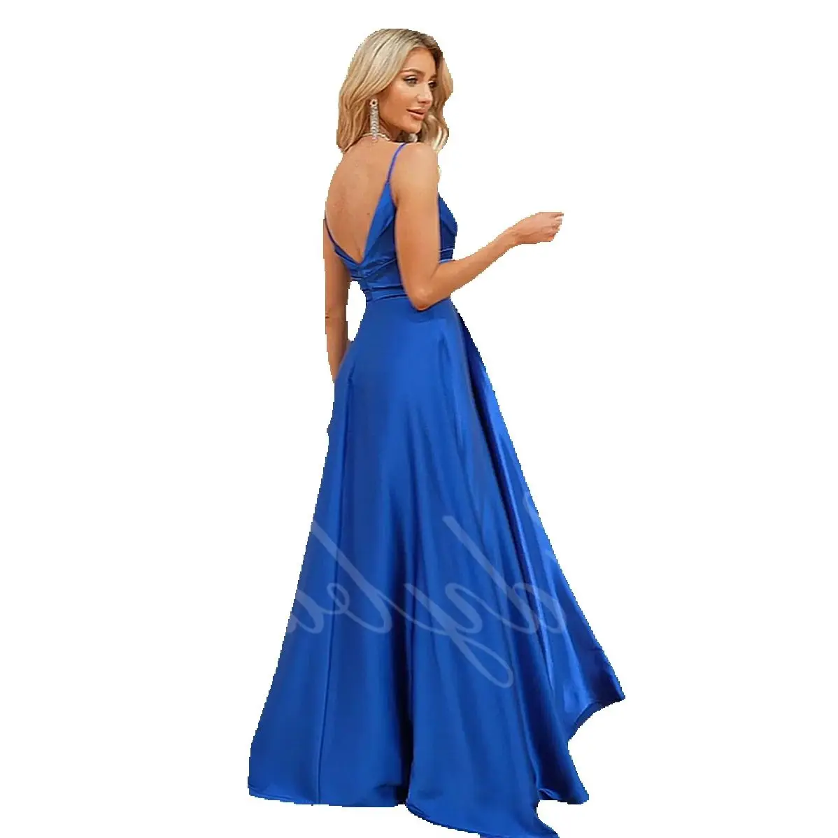 

Women Ball Gown Elegant Long Prom Dresses for with Slit V-Neck Pleated Formal Dress with Train Satin Evening Gowns