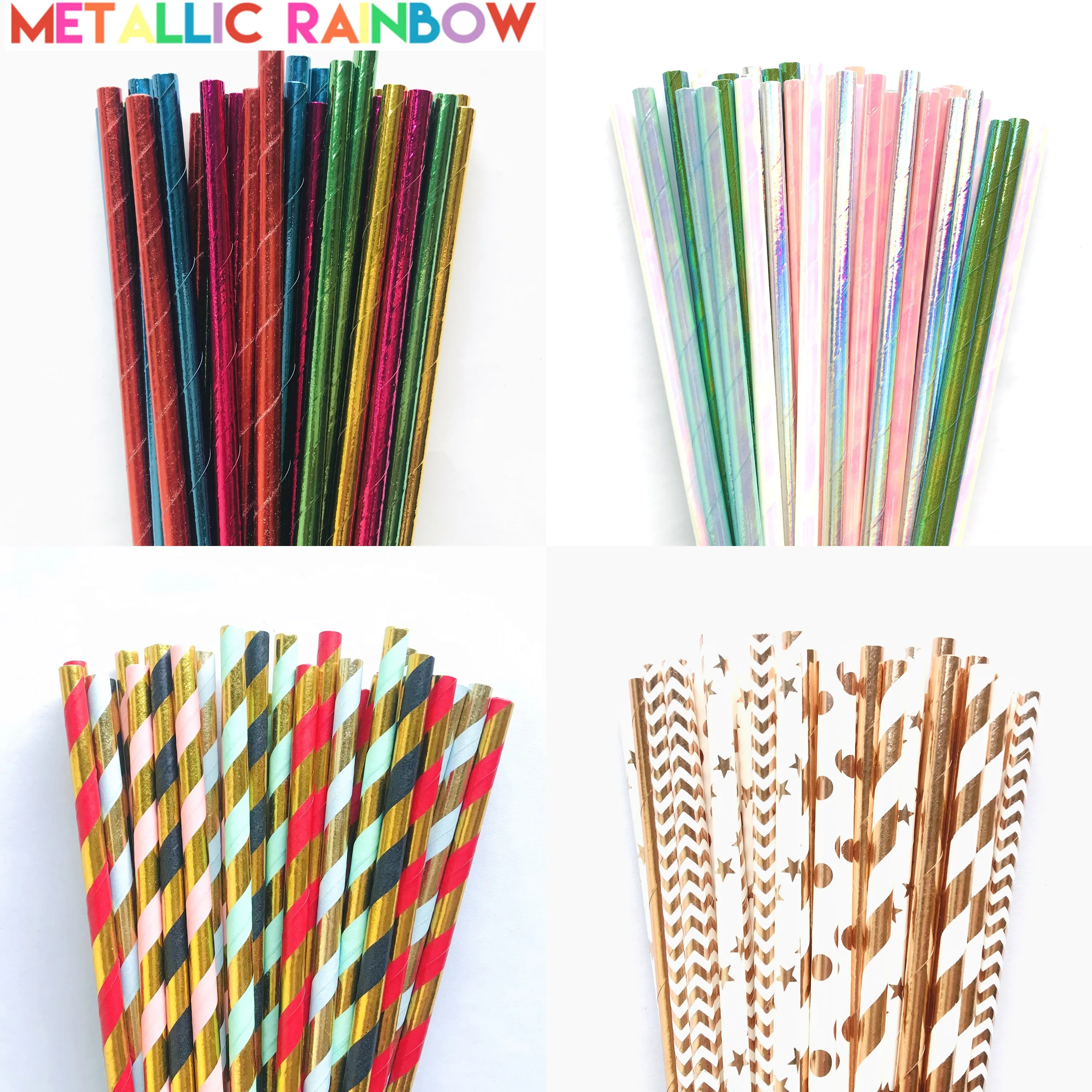 250 Pcs Mixed Metallic Foil Party Paper Straws-Glitter Iridescent Solid Stripe Dot Star Chevron Colorful Pearl Cocktail Shiny