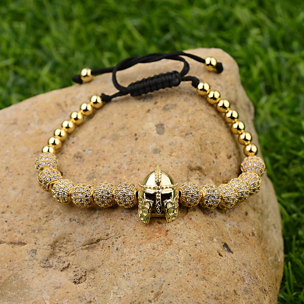 Luxury Gold Color Micro Pave CZ Helmet Warrior Bracelet for Men 2026 New 8mm Round Ball Beads Braided Adjustable Bracelets
