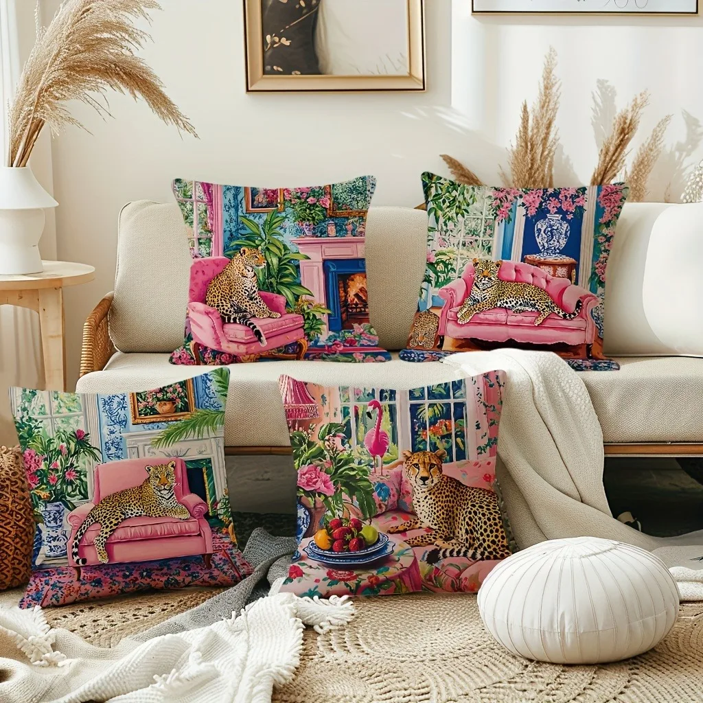 Leopard flower flamingo pattern printing pillowcase home room decoration pillow cover living room sofa cushion cover