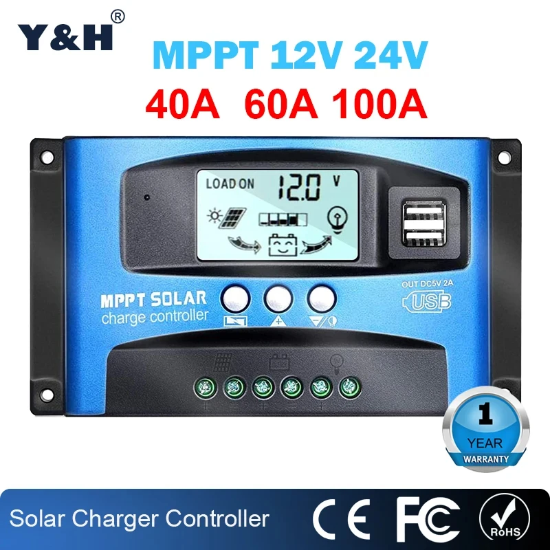 Y & H MPPT contrôleur de Charge solaire 40A 60A 100A avec Charge/double USB/LCD 12V 24V régulateur de chargeur de panneau solaire automatique