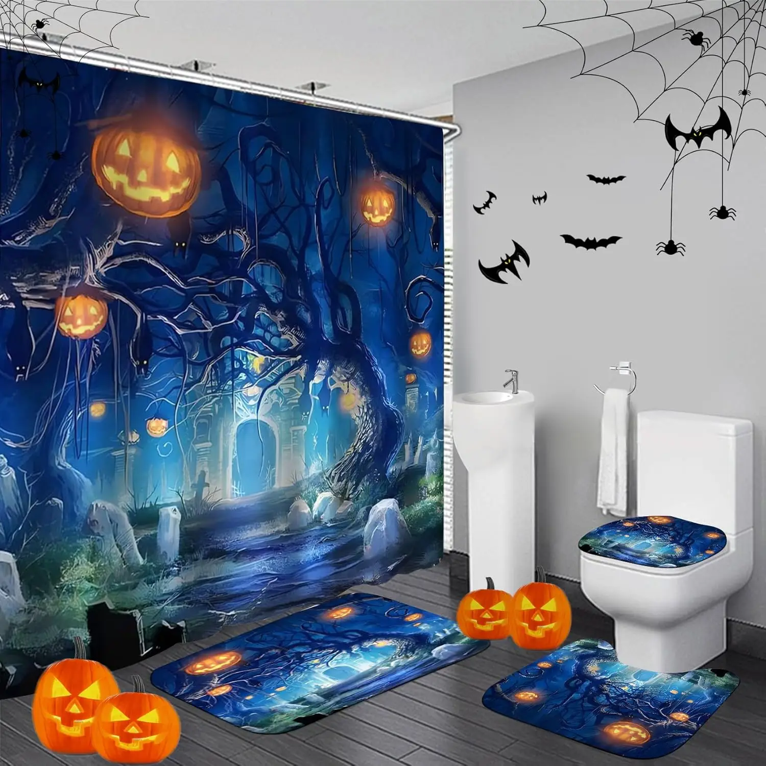 4 Pcs Halloween Shower Curtain Set with Rugs Toilet Lid Cover,Bloody Hand Shower Curtain with 12 Hooks for Bathroom Set Decor