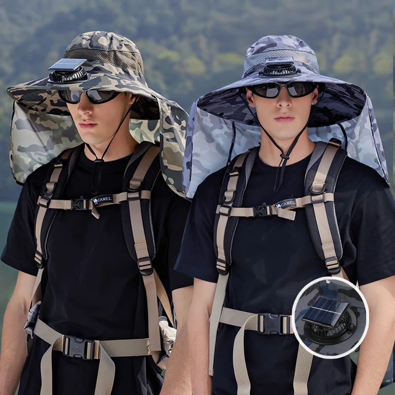 9208-1 Men's Sun Hat 1 Solar Fan Fishing Hat, Wide-Brimmed Sunhat Outdoor Summer Camping, Beach Use, Type-C and Solar Power Supp