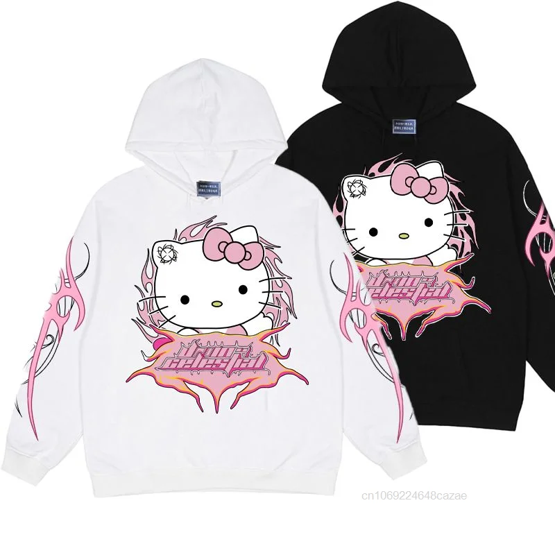 Sanrio Hello Kitty Printed Design Hooded Sweater Women\'s Autumn Winter Plush Thickened Top Japanese Style Sweet Y2k Girl Clothes