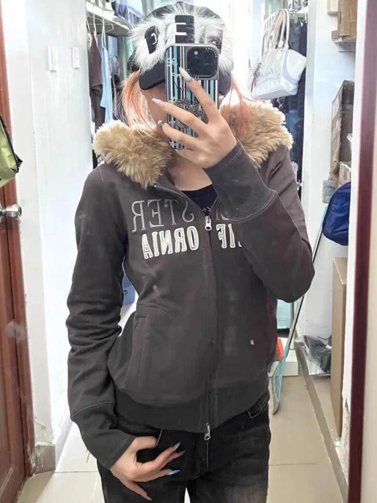 Fur Patchwork Hooded Sweatshirts Vintage Y2k Aesthetic Grunge Letter Embroidery Hoodies Women Casual Dark Grey Zippers Hoody