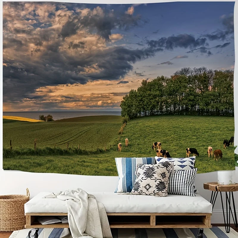 Open Prairie Ranch Landscape Tapestry Hip-Hop Animal Wall Art Aesthetic Decor Hanging Fabric, Suitable for Living Room Bedroom