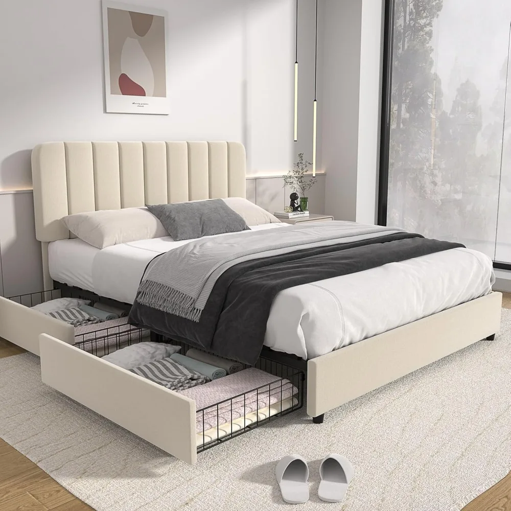 Upholstered Bed Frame with 4 Drawers and Adjustable Headboard, Velvet Platform Storage Bedframe Mattress Foundation