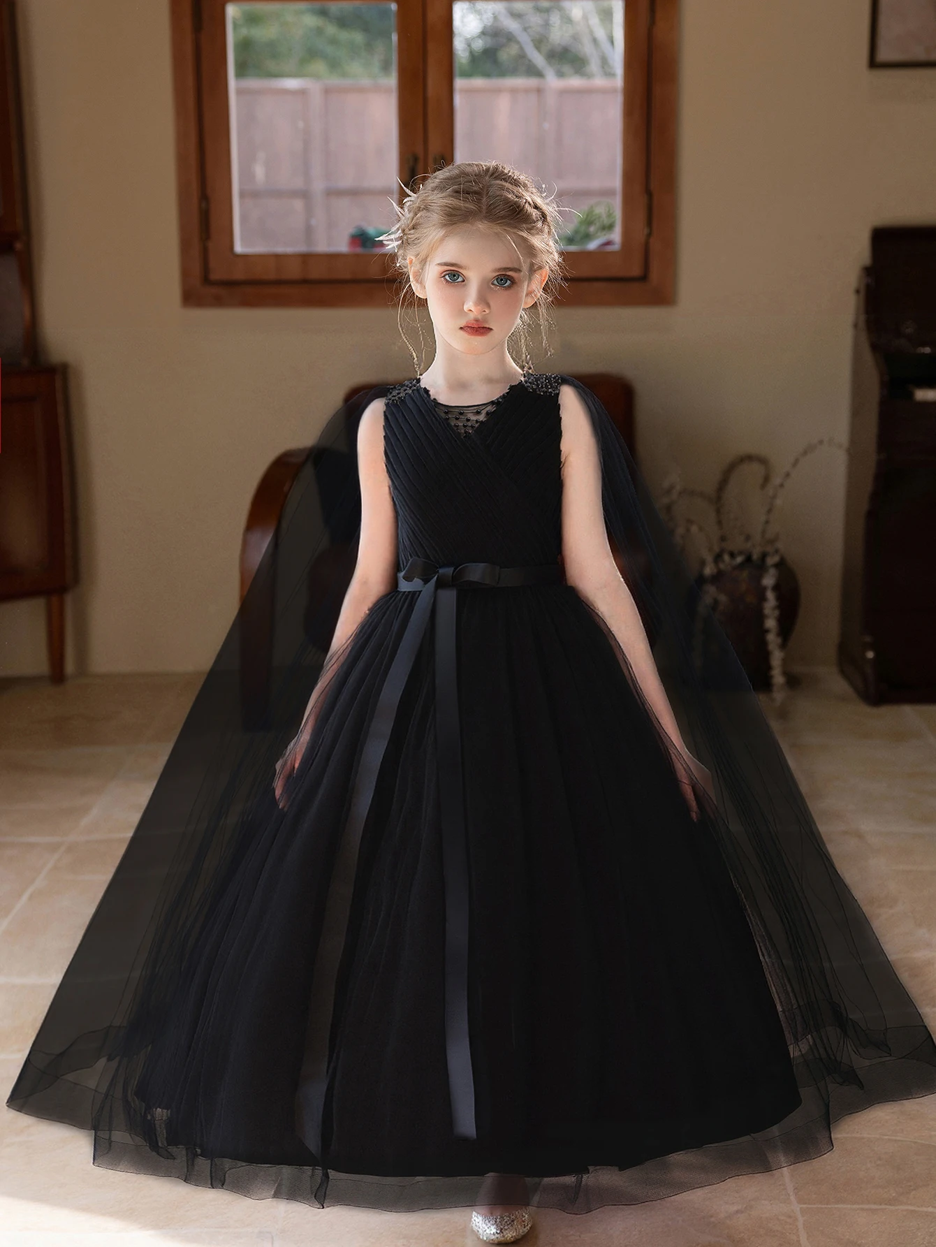 

Girl's Black Temperament Elegant Long Skirt Dress Draped With Veil Wedding Flower Girl Dress Festival Party Performance Dress