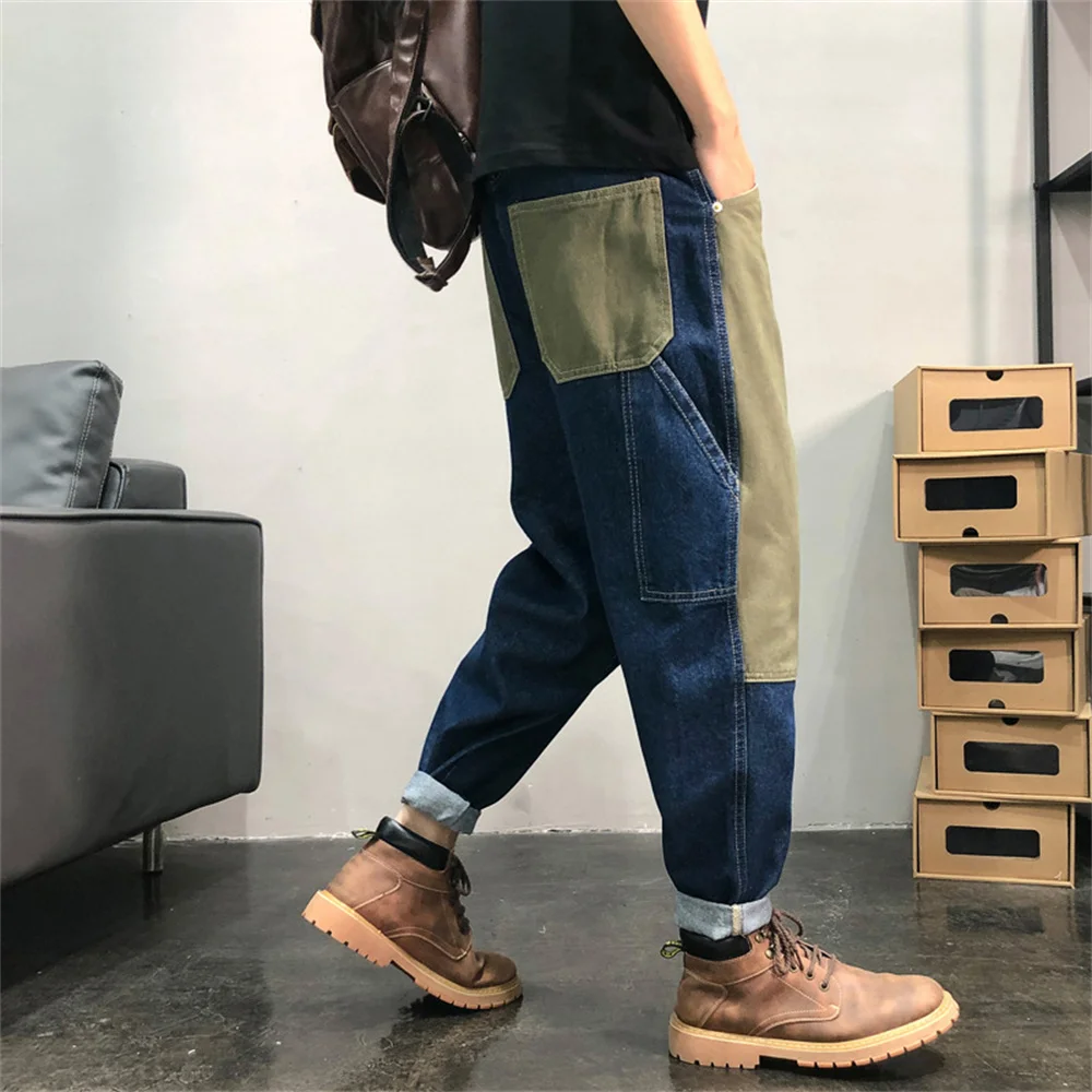 Men Jeans Patchwork Multi-Pocket Couple Denim Pants Beggar Style cargo pants High Street Casual Male Streetwear