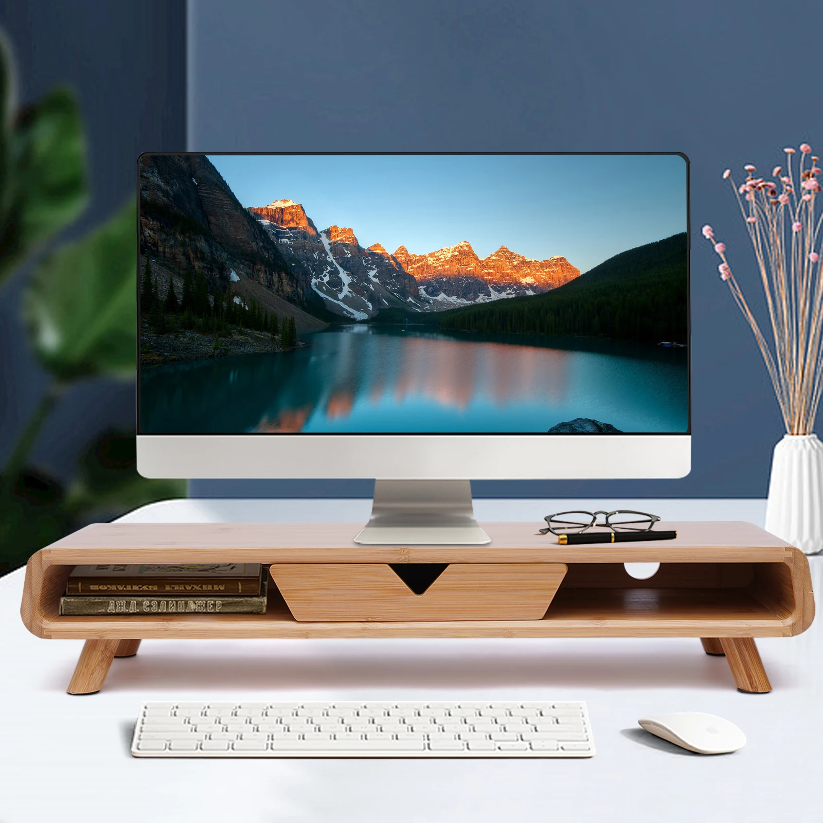 2-Tiers Bamboe Monitor Stand Riser Desk Organizer Laptop Stand Desktop Bamboe Hout Monitor Stand