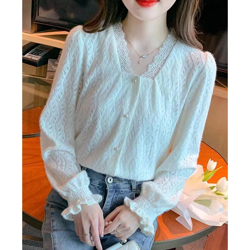 Women French Style Sexy Lace Hollow Beaded Button Chic Tops Autumn Female Trendy Casual White V Neck Long Sleeve Elegant T Shirt