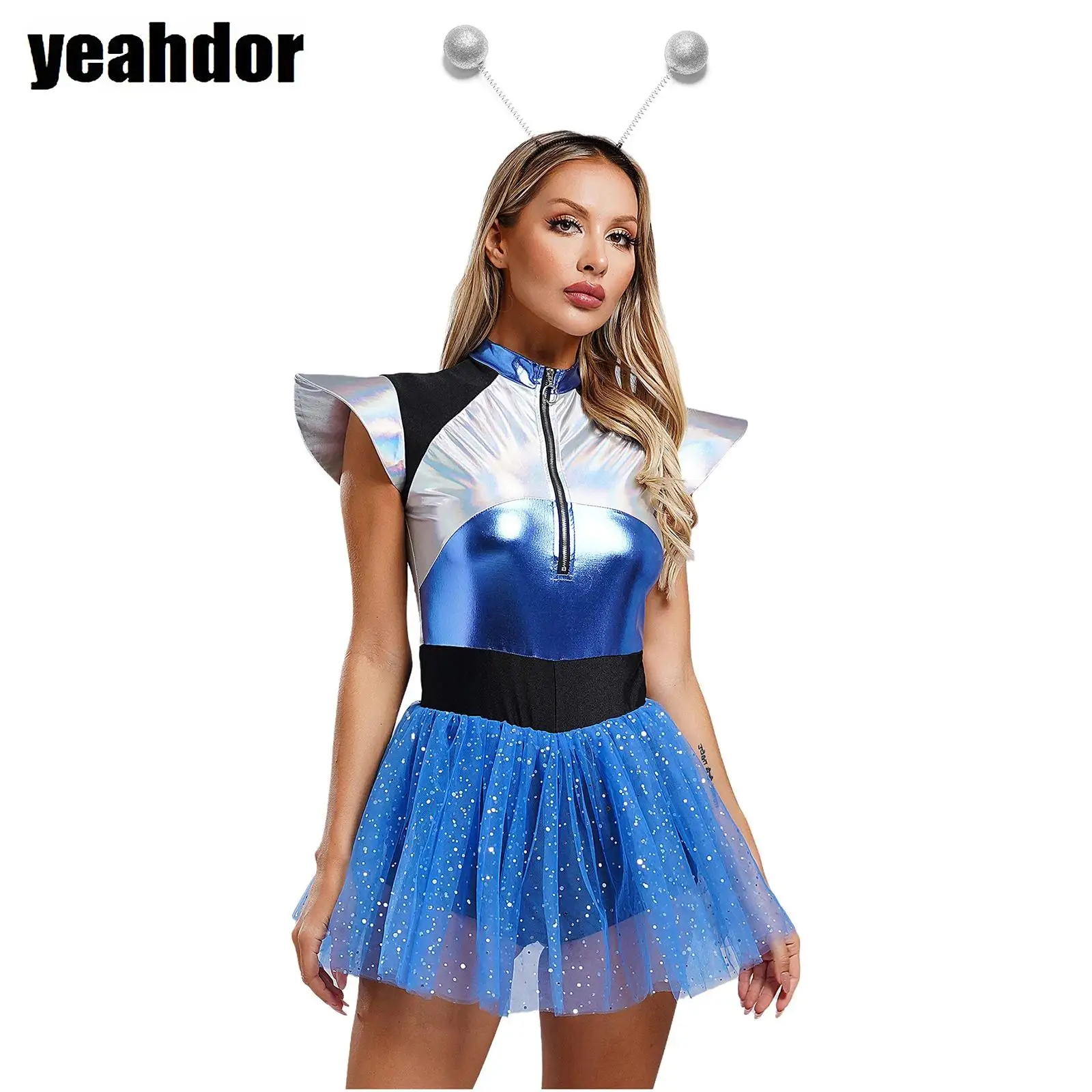 

Women Alien Astronaut Costume Fly Sleeve Sequined Tulle Skirt Jumpsuit with Hair Hoop Headband Set Halloween Outerspace Dress Up