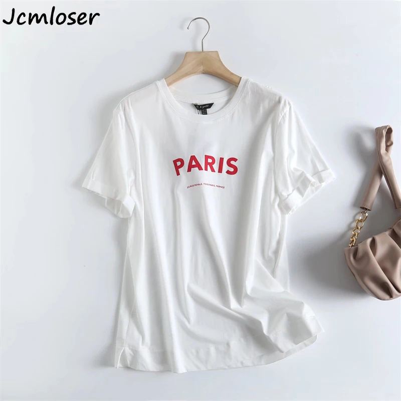 Summer Casual Letter Print T-shirts Women Fake Pocket O-Neck Cotton Short Sleeve Tees Female Basic Loose Soft Tops Harajuku 2022