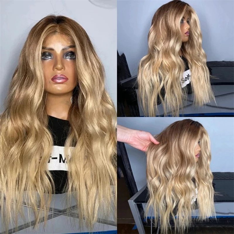 

Synthetic Blend Wigs Ombre Golden Blonde Wig 13x4 Middle Part Wavy Natural Looking Synthetic Heat Resistant Fiber Wigs for Women